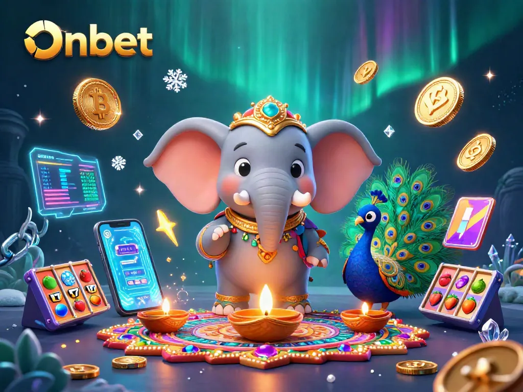 Engage with Onbet, spinning vibrant slot reels in a whimsical 3D casino scene