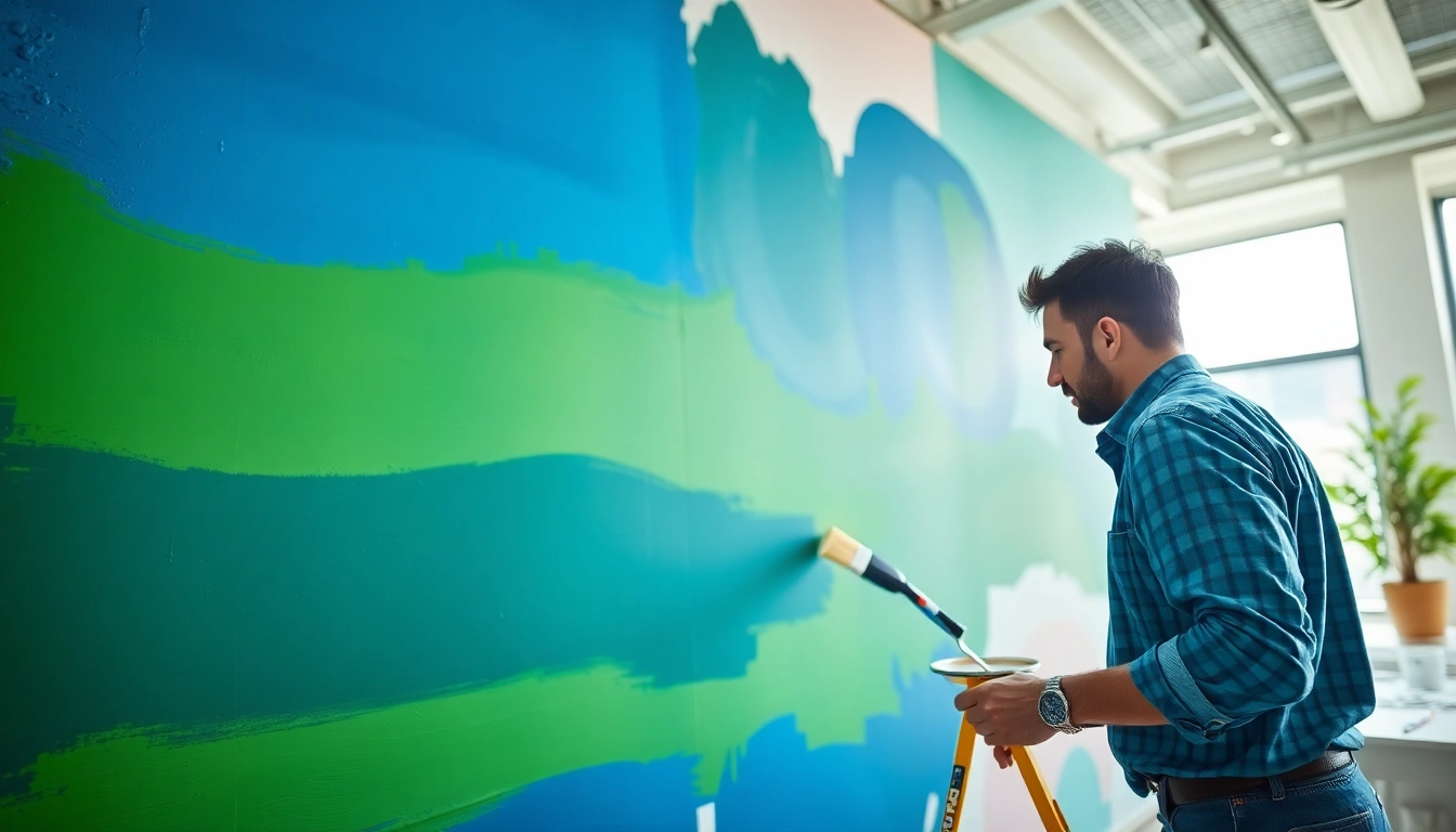 Enhance your painting commercial with a focused painter transforming an office wall.