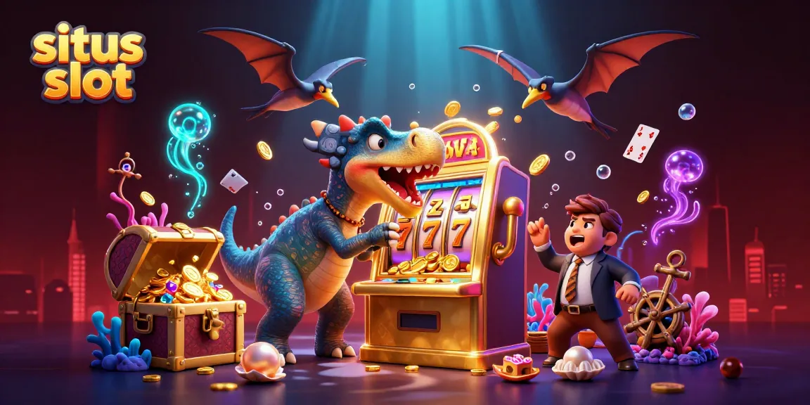 Situs slot scene with cartoon dinosaurs and a golden slot machine delivering jackpot coins