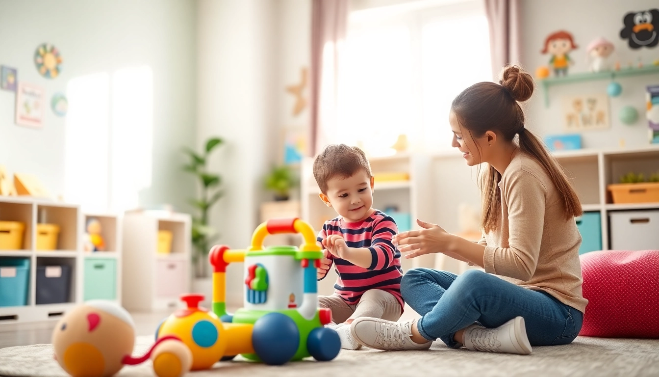 Therapist working with child during early intervention ABA session in a bright therapy room.