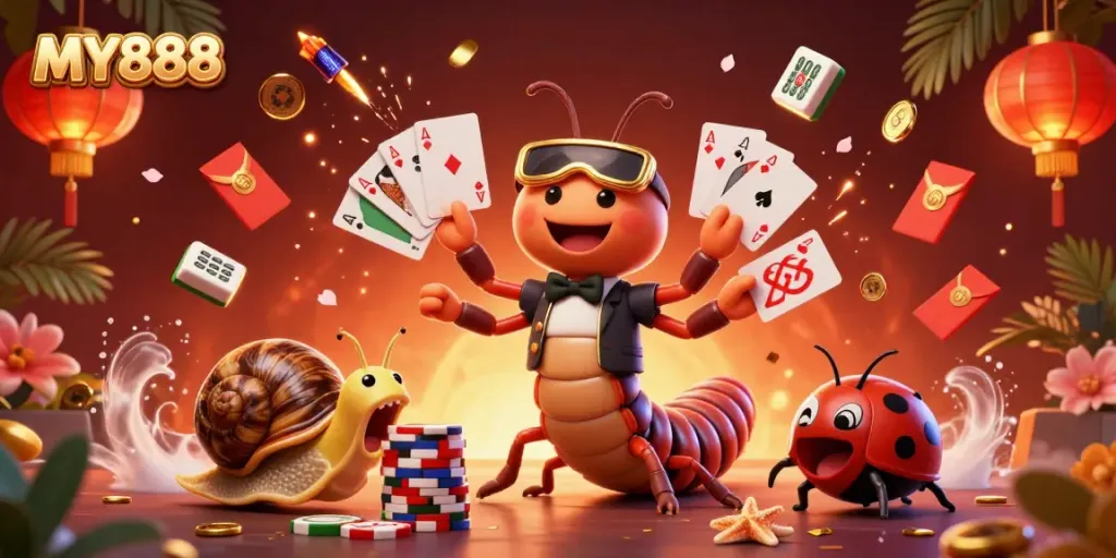 Engage in thrilling gameplay at MY888 with a dynamic casino scene featuring animated characters and festive elements.