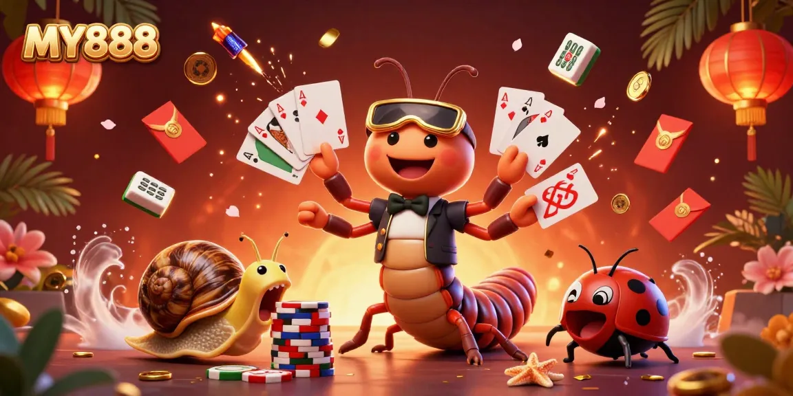 Engage in thrilling gameplay at MY888 with a dynamic casino scene featuring animated characters and festive elements.