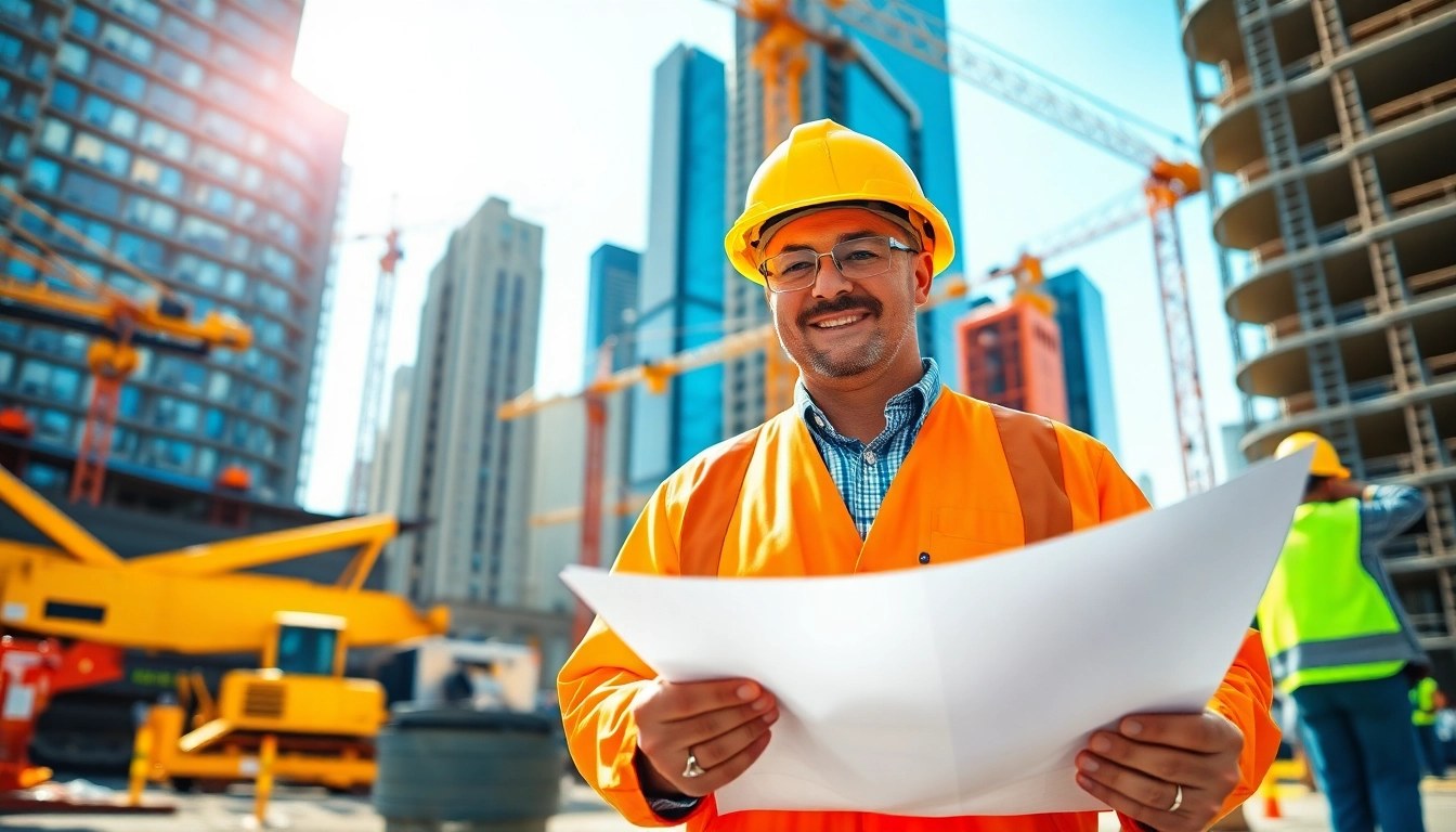 New York City Construction Manager discussing project details on a bustling construction site.