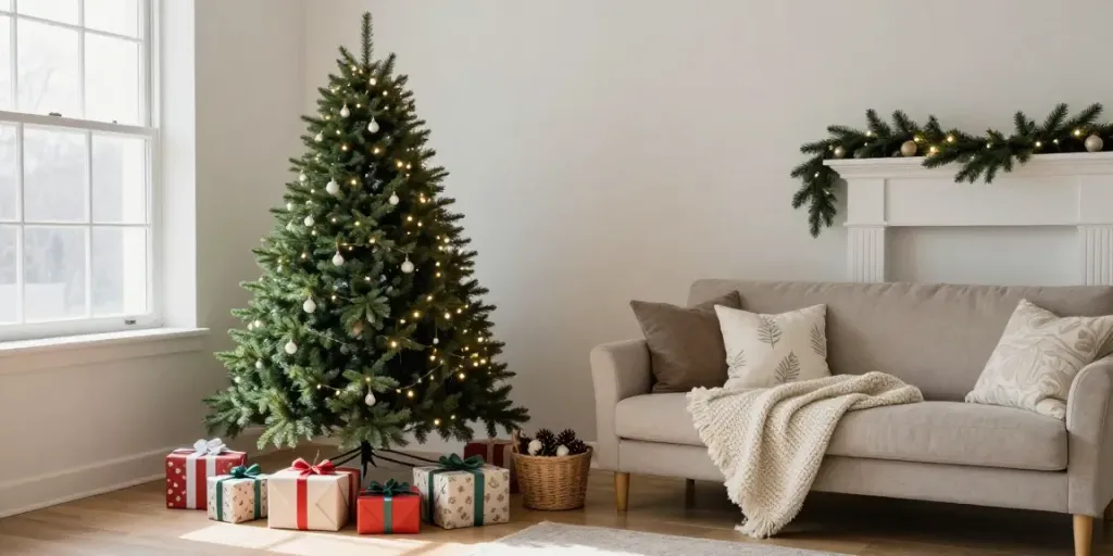 Beautiful tall skinny Christmas tree with lights in a cozy holiday living room