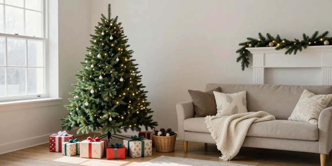 Beautiful tall skinny Christmas tree with lights in a cozy holiday living room