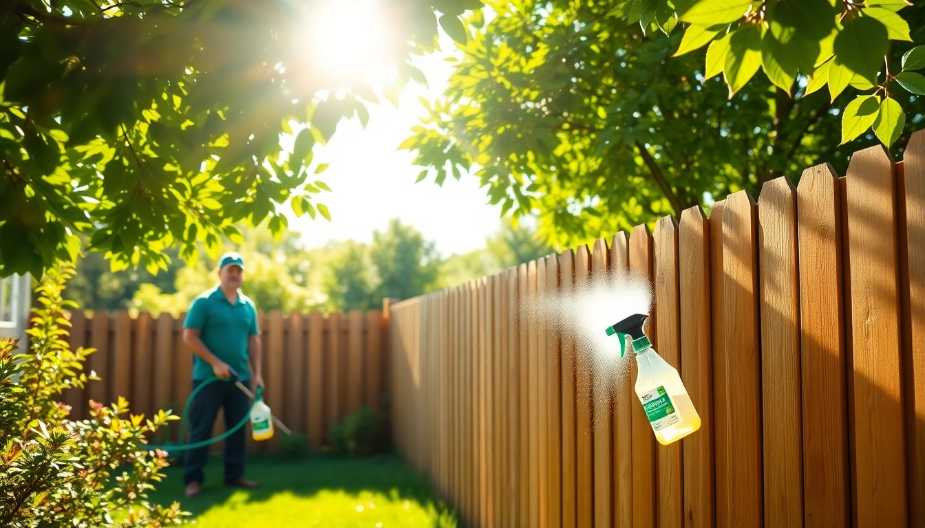 Fence Cleaning team using eco-friendly products on a wooden fence in a sunny backyard.