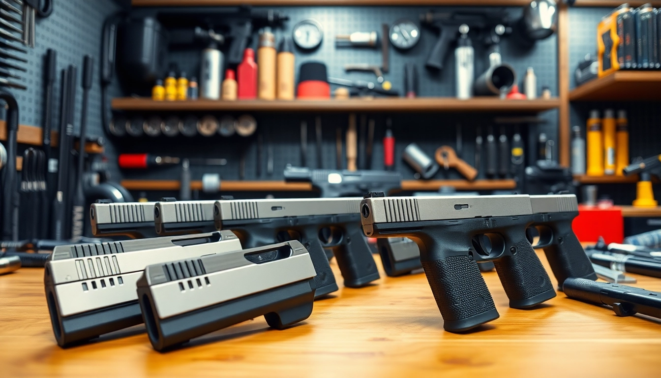 Showcasing glock 17 slides with distinct designs in a professional gun shop setting.