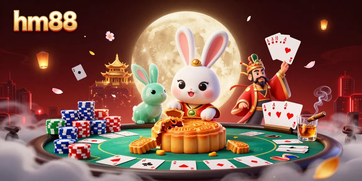 hm88 promotes an exciting scene of a moon rabbit gambling with poker chips and casino elements