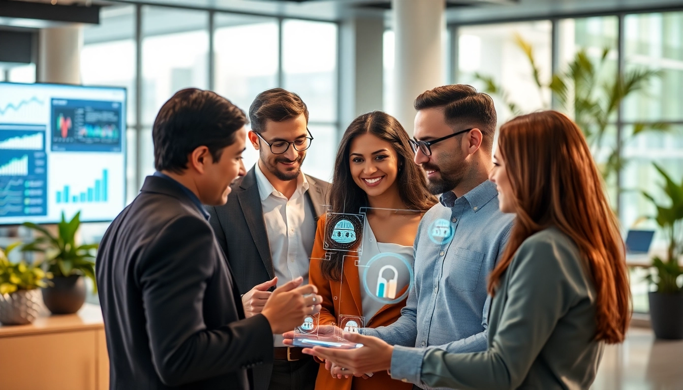AI agents collaborating with professionals in a modern office environment.
