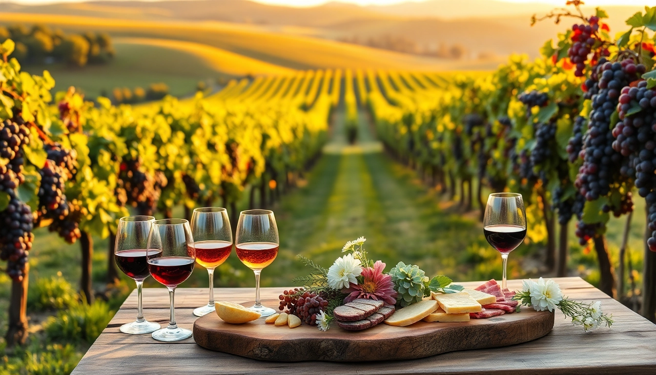 Clarksburg wine tasting scene with wine glasses, charcuterie board, and vineyard backdrop.