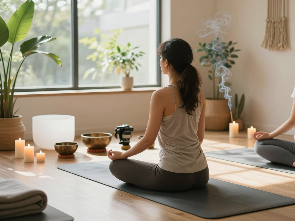 Mantra 88 meditation scene with serene individual practicing mindfulness in a calming wellness studio.