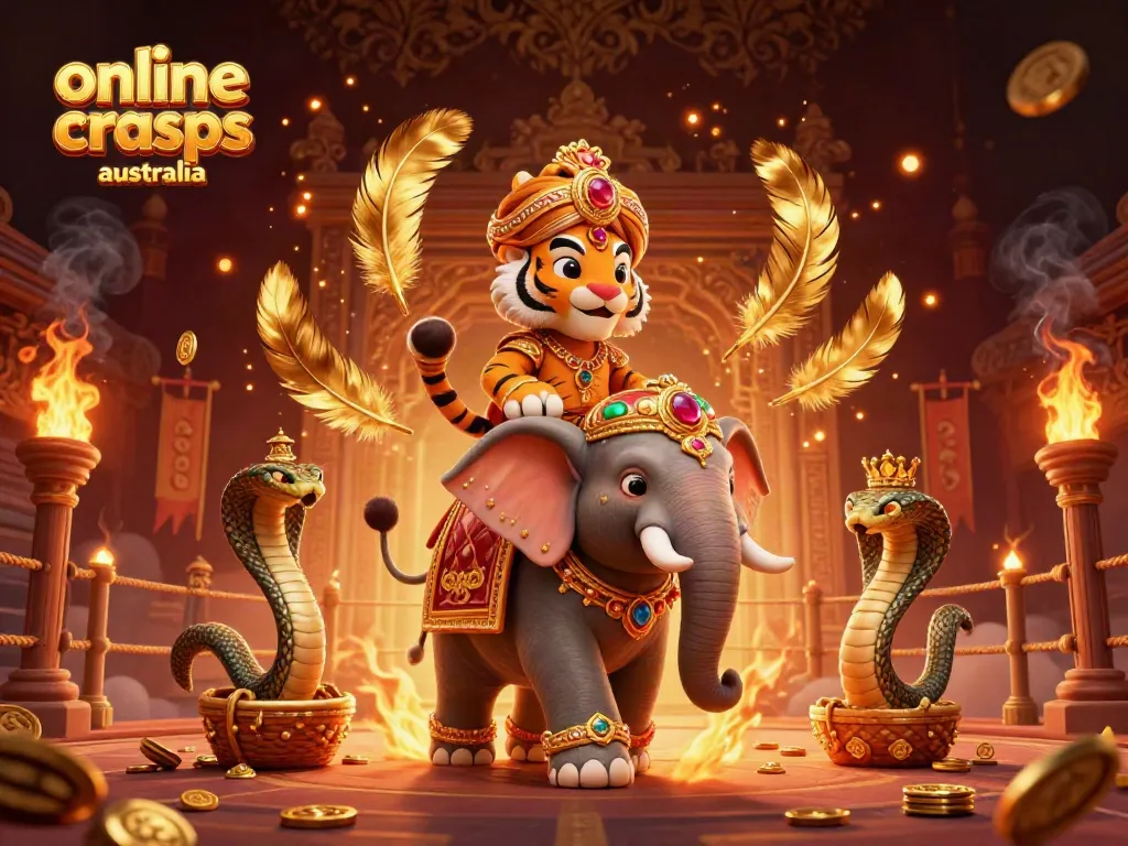 Engage in exciting online craps Australia with a lively scene featuring a jewel-encrusted elephant and maharaja tiger.