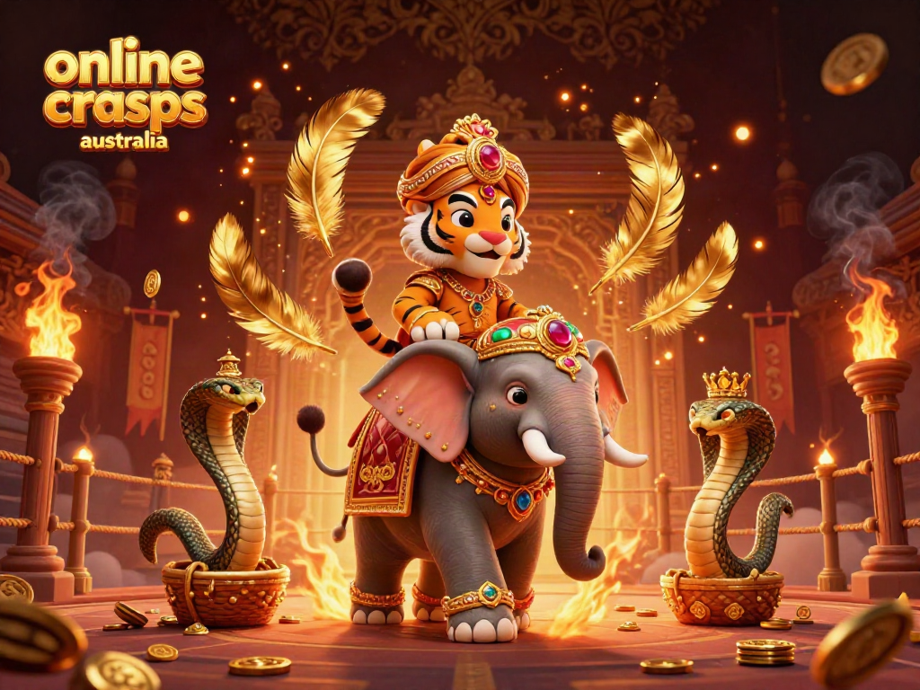 Engage in exciting online craps Australia with a lively scene featuring a jewel-encrusted elephant and maharaja tiger.