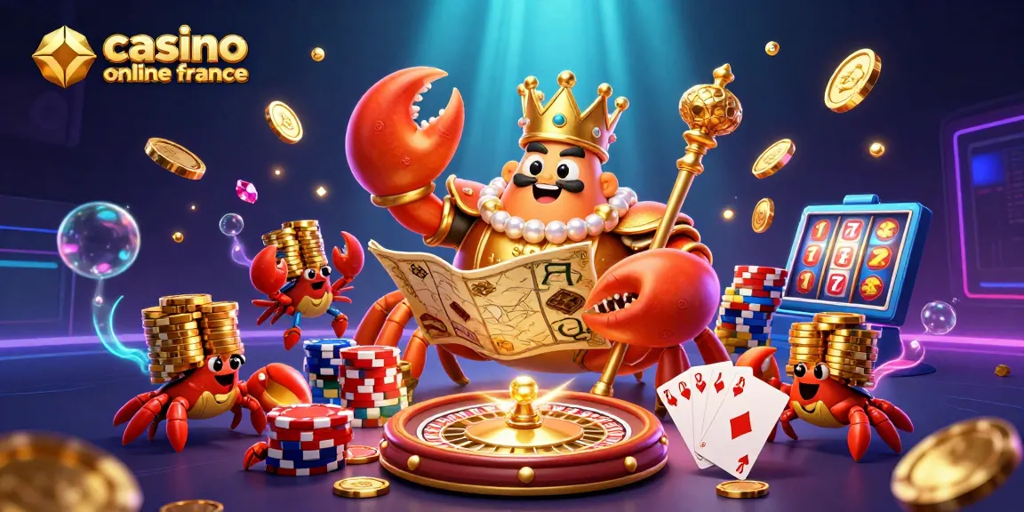 Le casino en ligne France présente un crabe doré royal entouré de jeux de hasard et de trésors scintillants.