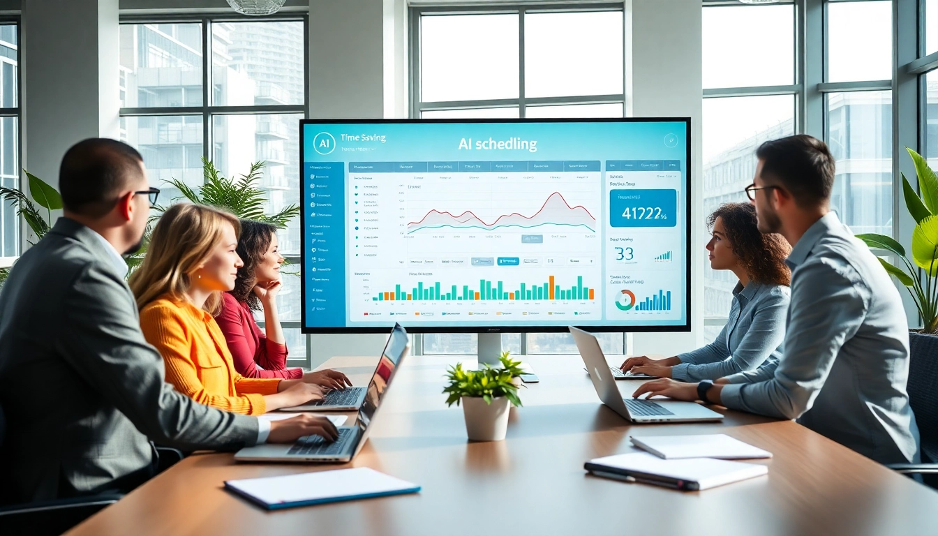 Team collaborating to reduce scheduling time AI using advanced tools