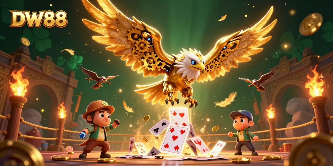 Experience thrilling gameplay with DW88, featuring a cybernetic golden eagle amidst holographic cards and betting tokens.
