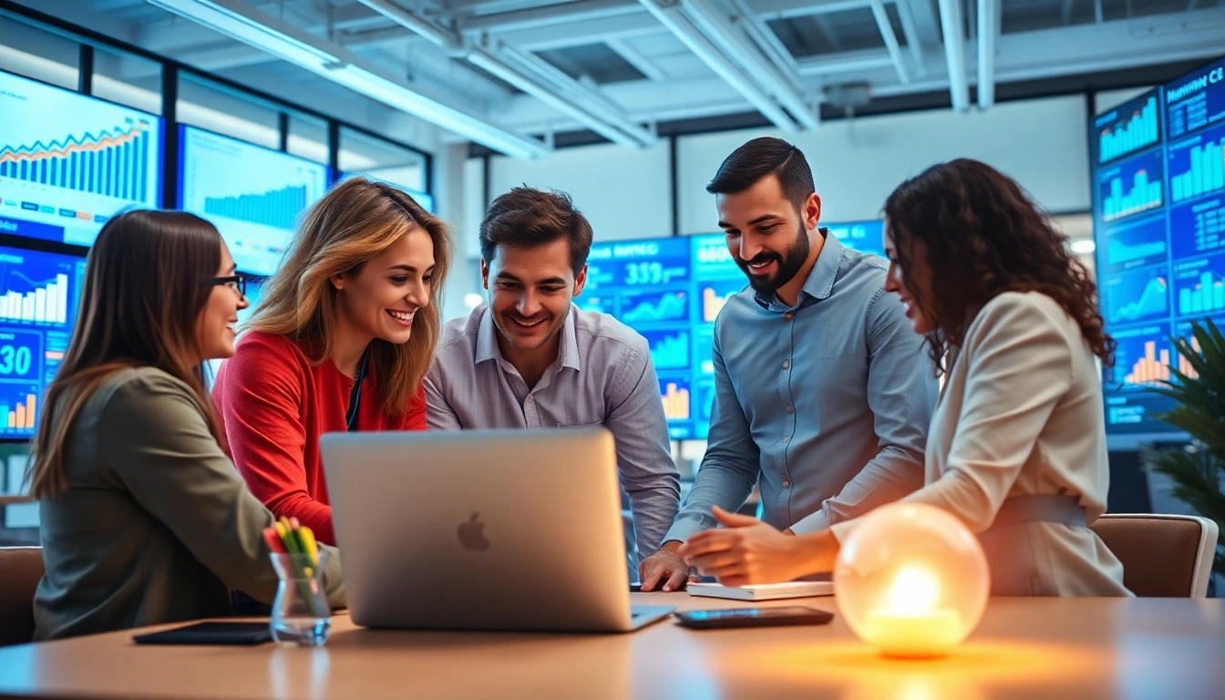 Engaged Shopify experts collaborating in a modern workplace, showcasing teamwork and creativity.