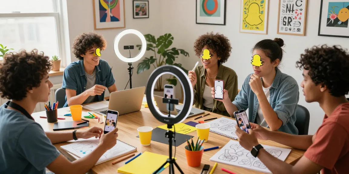 Engaging scene of Snapchat amateur creators collaborating in a vibrant home studio.