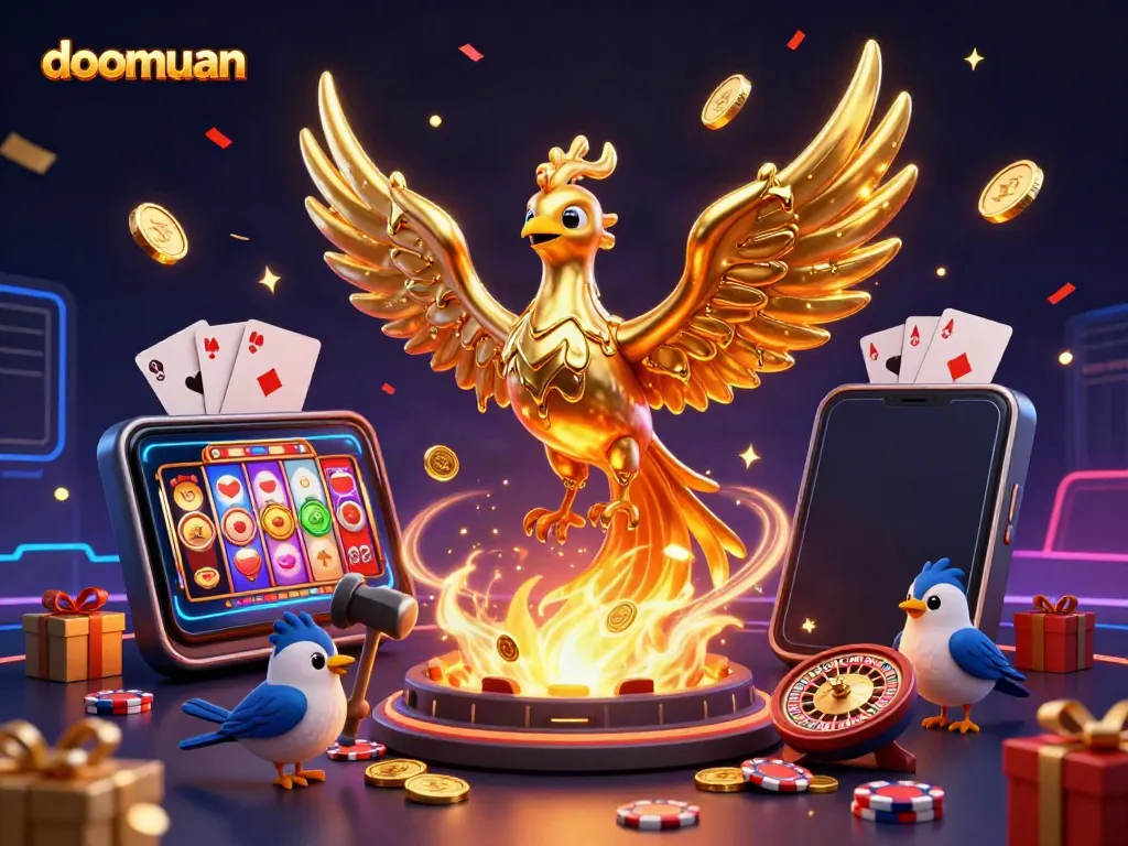 Dive into doomuan's world of online gaming with a vibrant 3D scene of a phoenix and playful sparrows amidst colorful slot games.