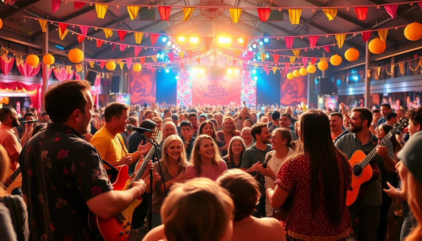 Ascultă muzica vesela într-un festival plin de energie și culori vibrante.