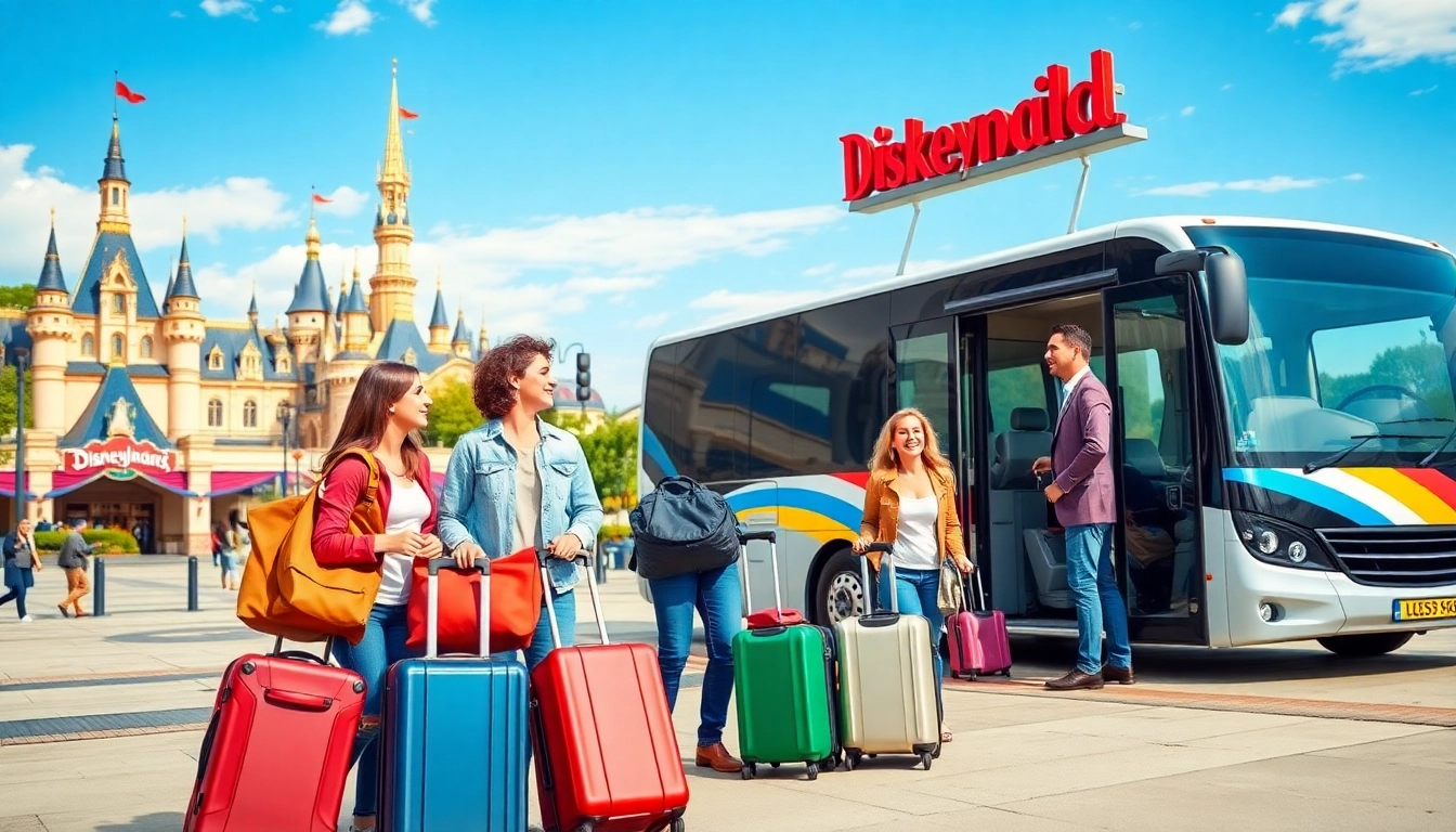 Families transporting from disneyland paris to airport with cheerful atmosphere.