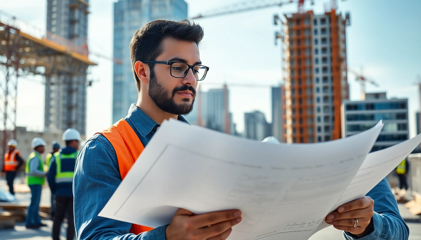 New York Construction Manager examining project plans at a construction site for clarity and precision.