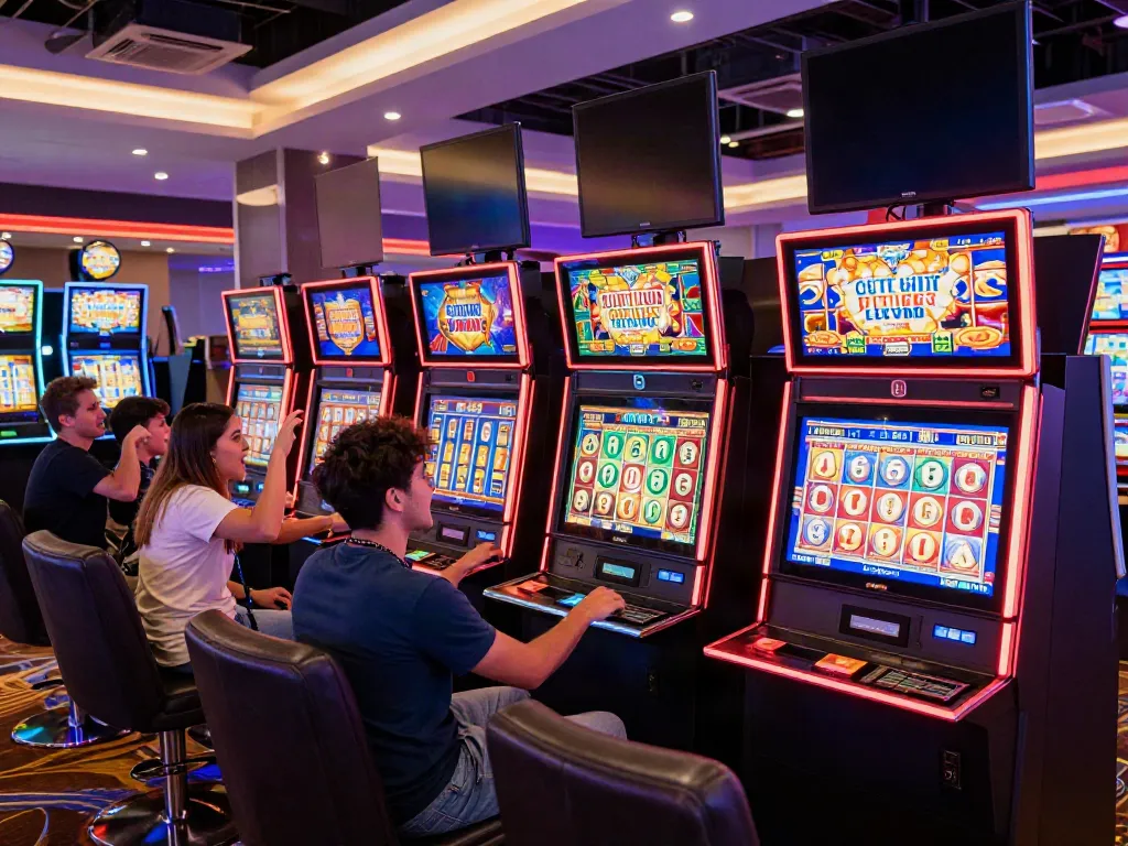 Pengunjung bermain slot777 di kasino online dengan suasana penuh energi.
