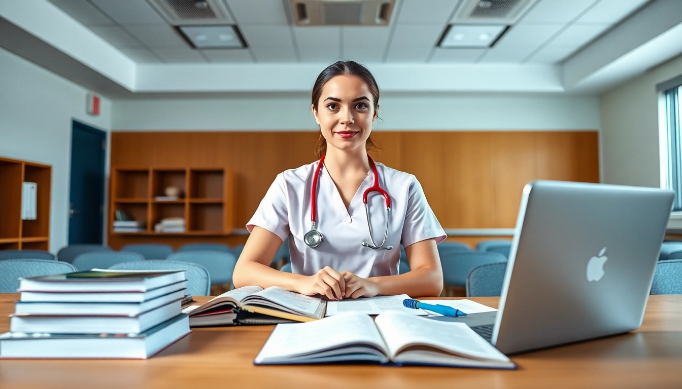 Nurse studying for the NGN NCLEX review Houston in a bright classroom setting.