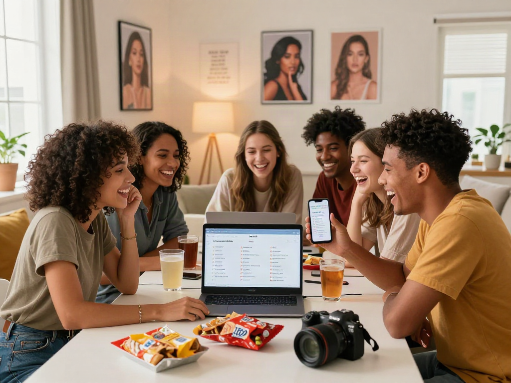 Group of friends enjoying an online test of attractiveness, sharing results and laughter