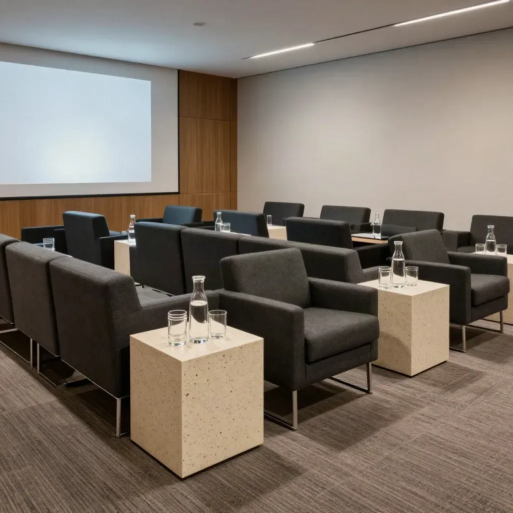 Moody conference room with seating, water carafes, and projected light on a blank wall.