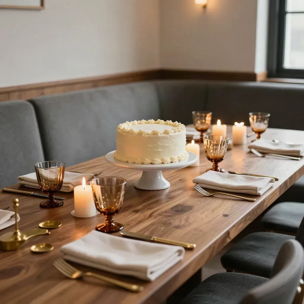 Birthday-ready private party table with cake stand, glassware, candles, and warm uplights