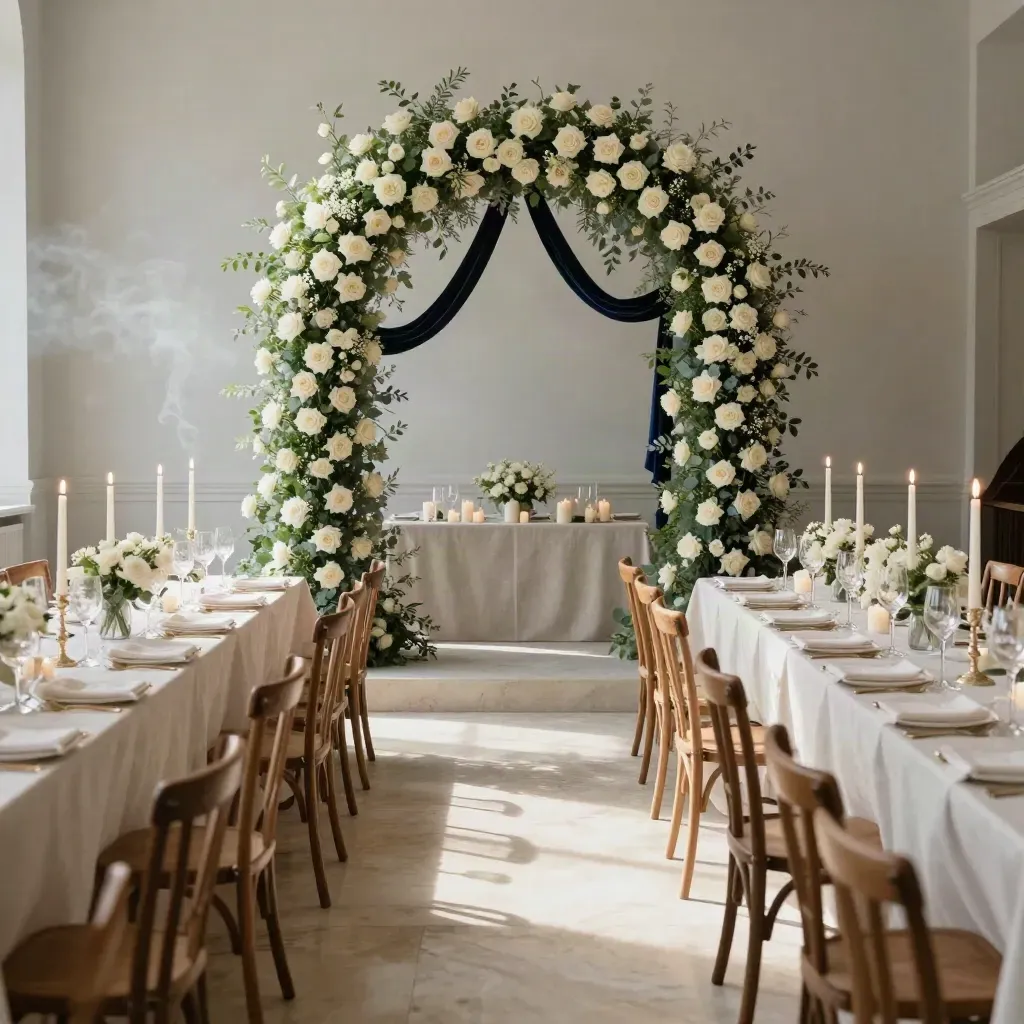 Wedding reception room with floral arch, candlelit tables, and midnight navy accents