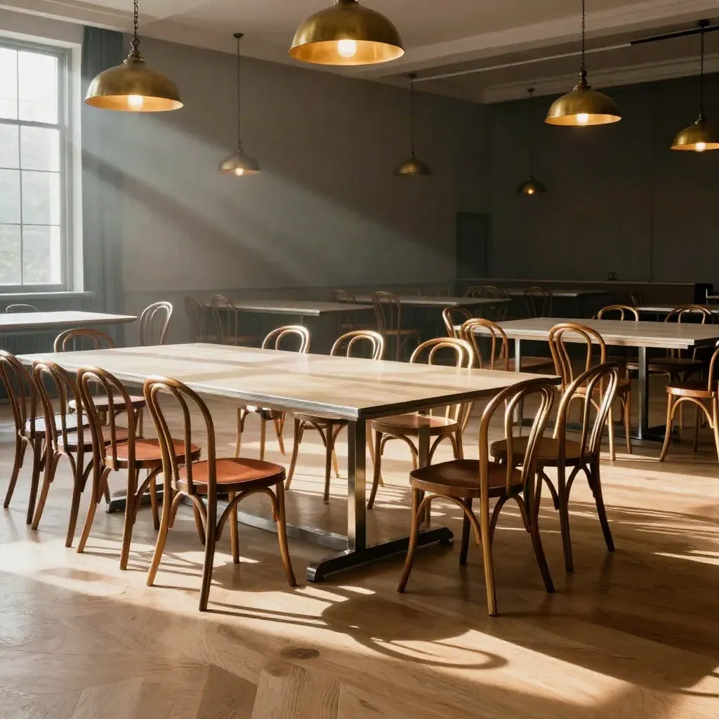 Low corner view of a ready event venue with modular tables, stacked chairs, and warm pendant light.