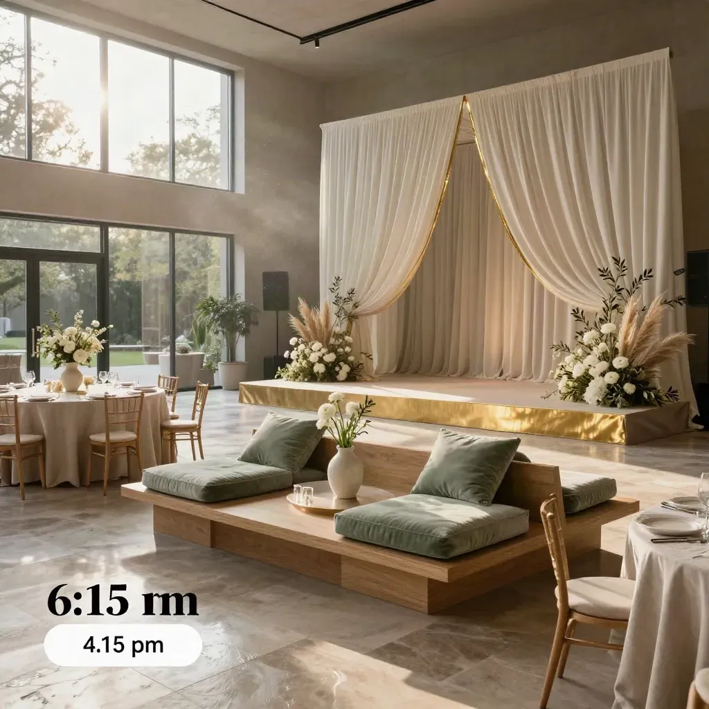 Sunlit double-height event venue with linen tables, lounge seating, and a small stage.