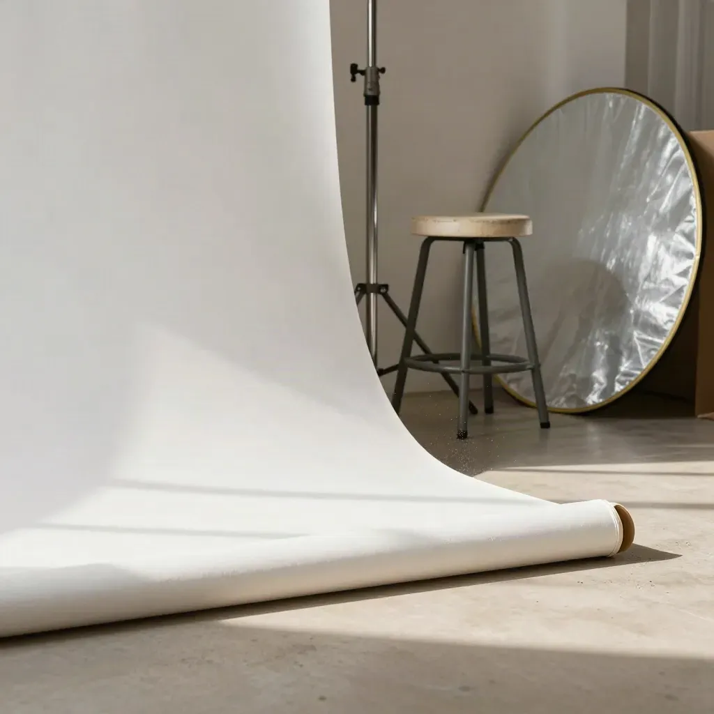 White cyclorama corner with stool, backdrop stands and reflector in reset studio light