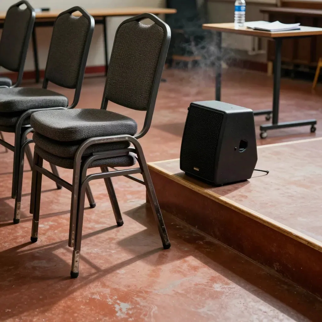 Macro detail of stacked chairs, stage riser, speakers, and notebooks in a warm event room.