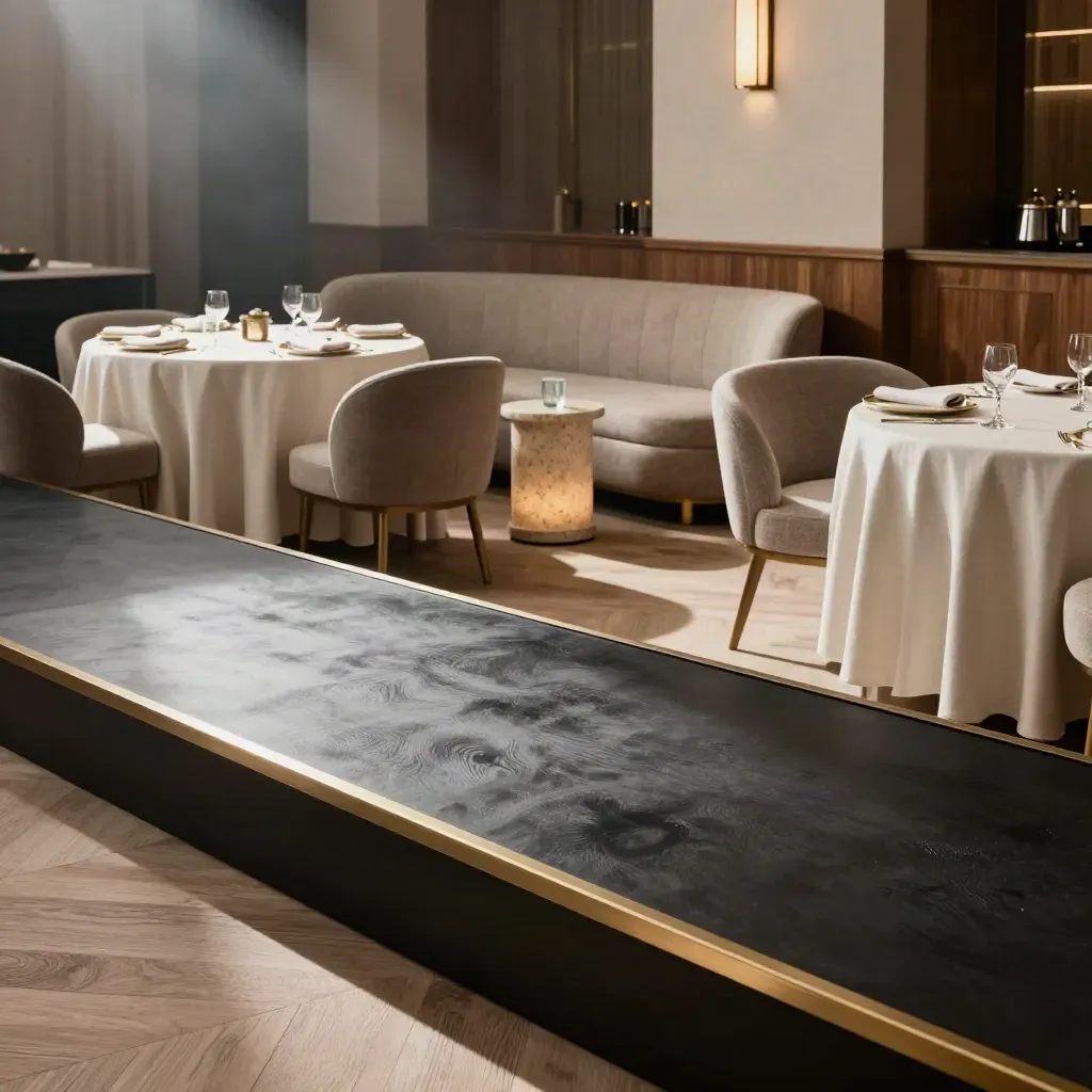 Empty launch room with stage, banquet tables, and lounge details in moody cinematic light.