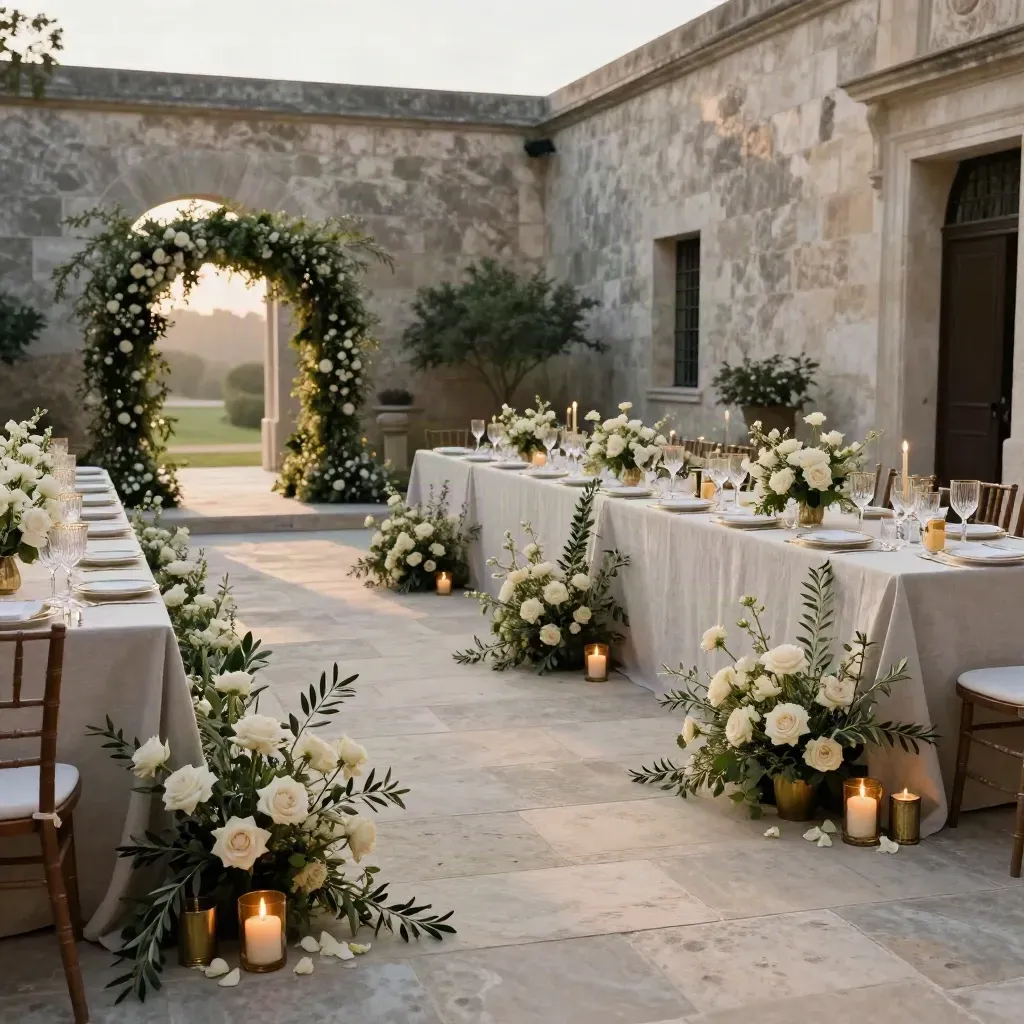 Empty limestone courtyard wedding setup with floral aisle, candlelit tables, and vine arch at dusk.