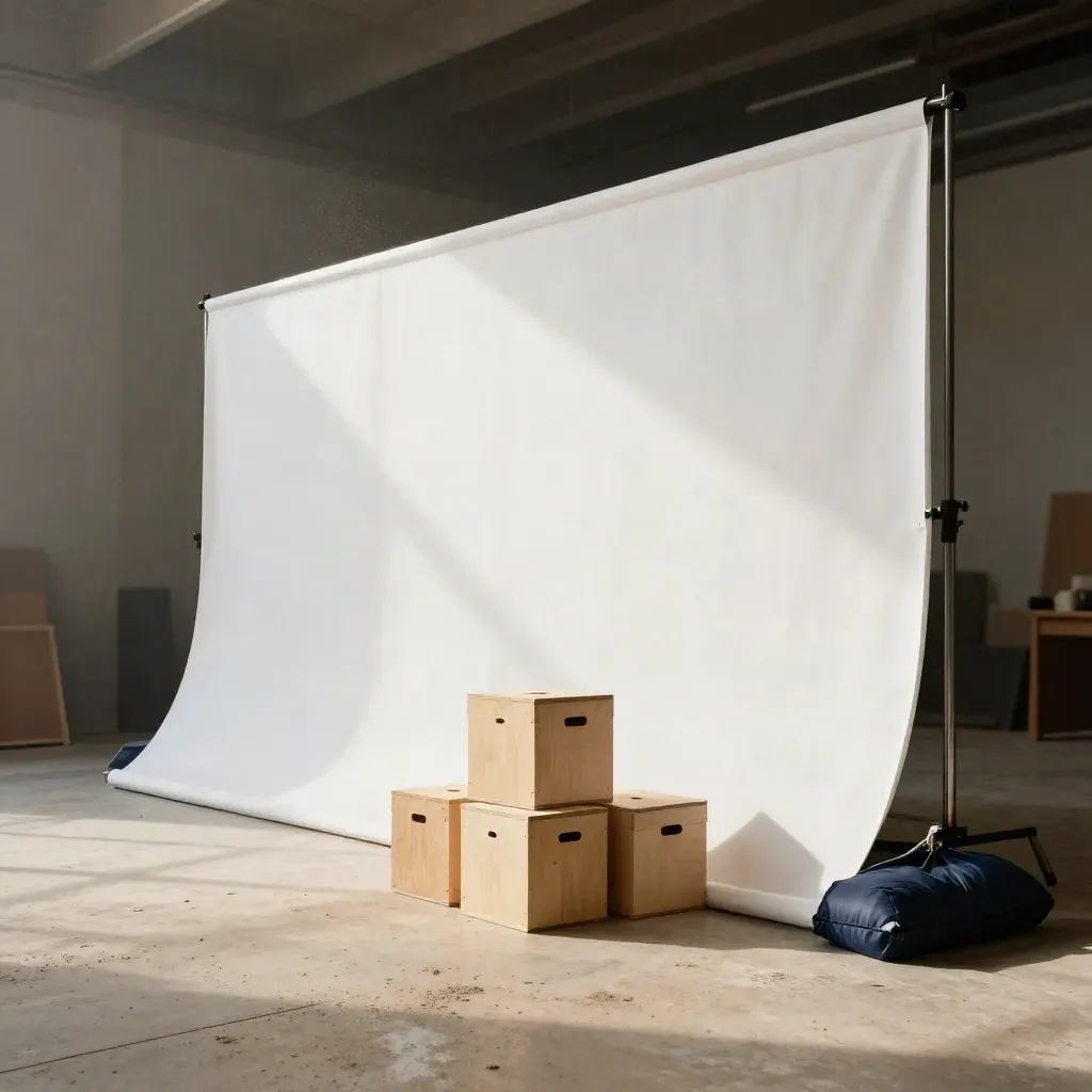 Empty studio with cyclorama curve, apple boxes and diffusion panel in warm window light.