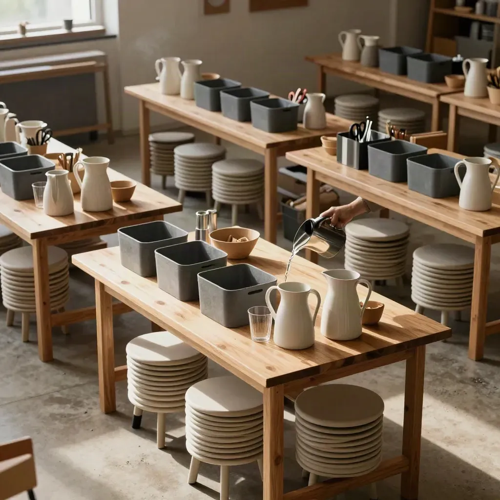 Empty workshop room with craft tables, bins, pitchers, and stacked stools ready for a maker session.