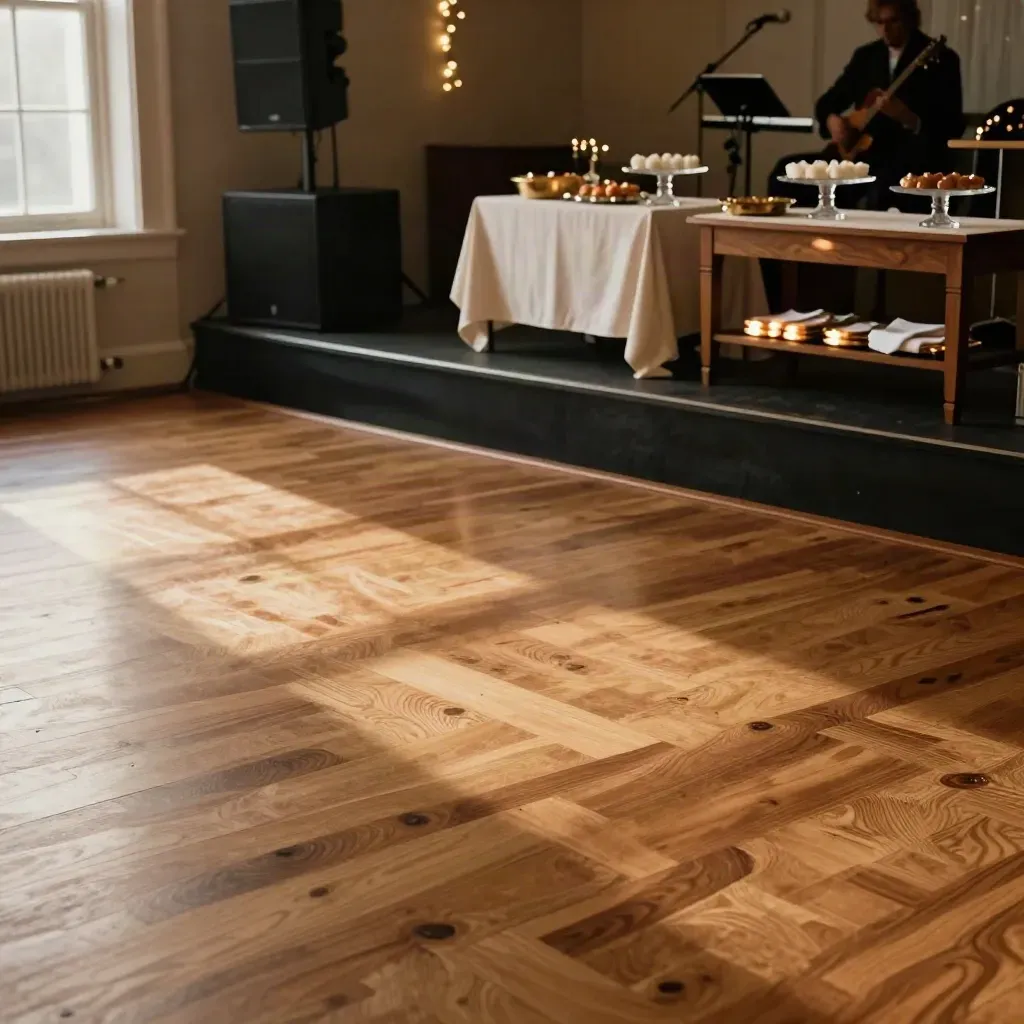 Empty dance floor, stage, cocktail tables, dessert spread, and speaker stack in warm party light.