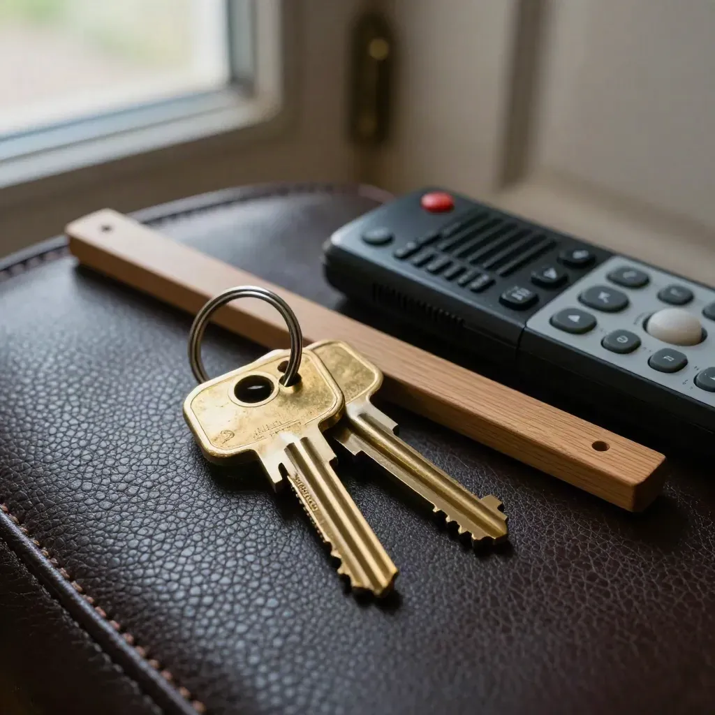 Brass keys, radio, door wedge and dimmer remote on dark leather in moody macro light.