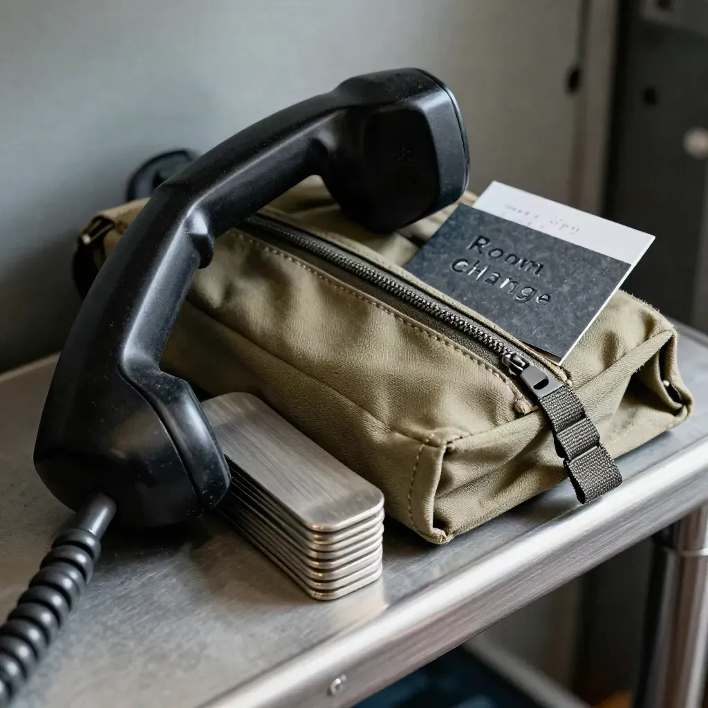 Venue ops tools on a service shelf: handset, pouch, chair glides and a folded marker card.