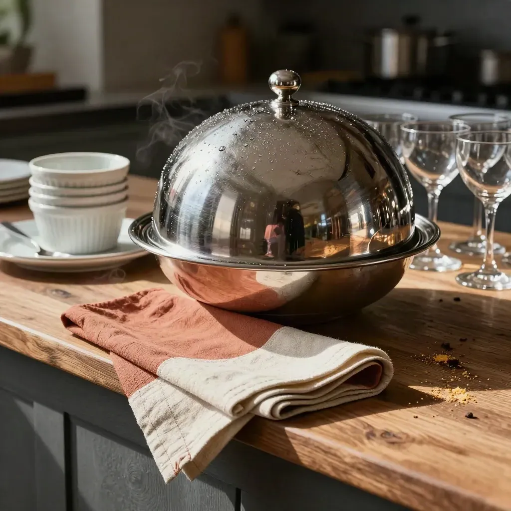 Silver dome, ramekins, linen napkins and coupe glasses on a rustic catering prep ledge.