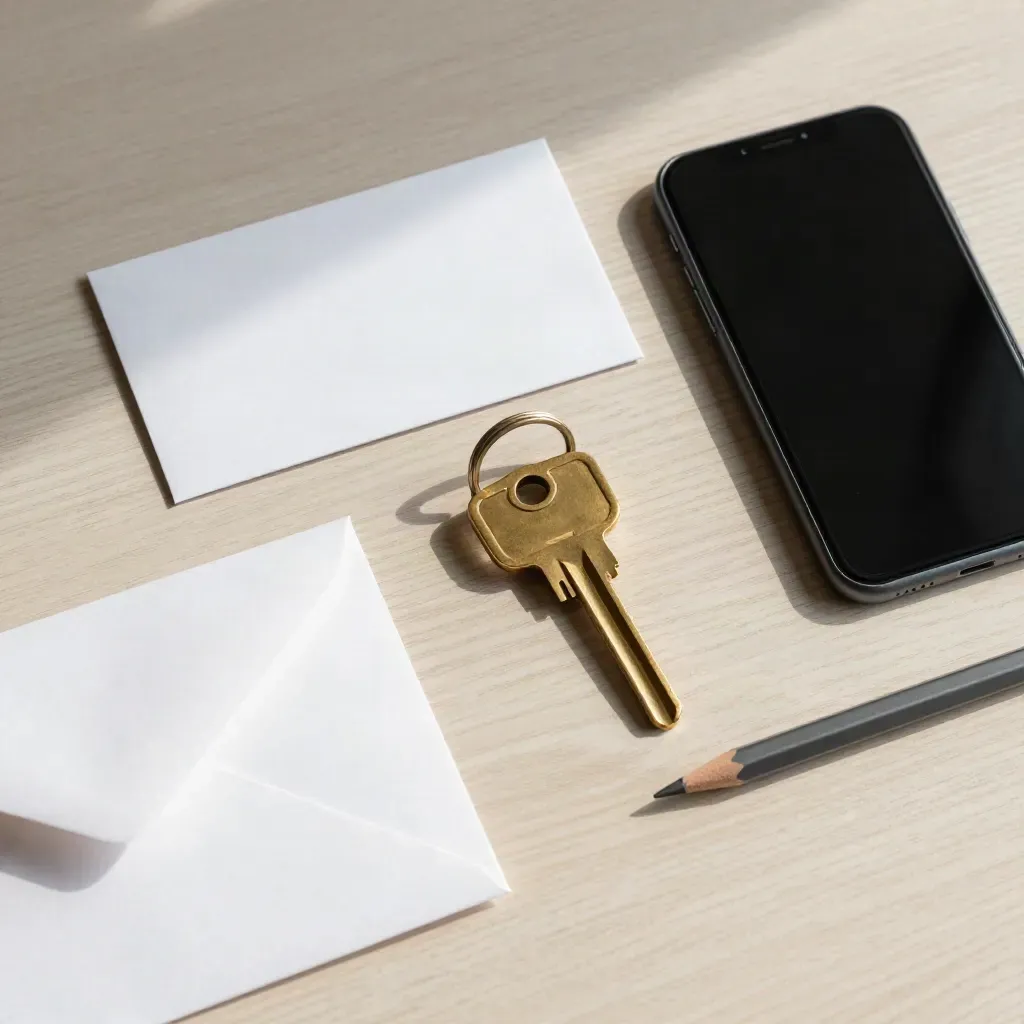 Brass key ring with phone, envelope and pencil on pale wood, seen from overhead