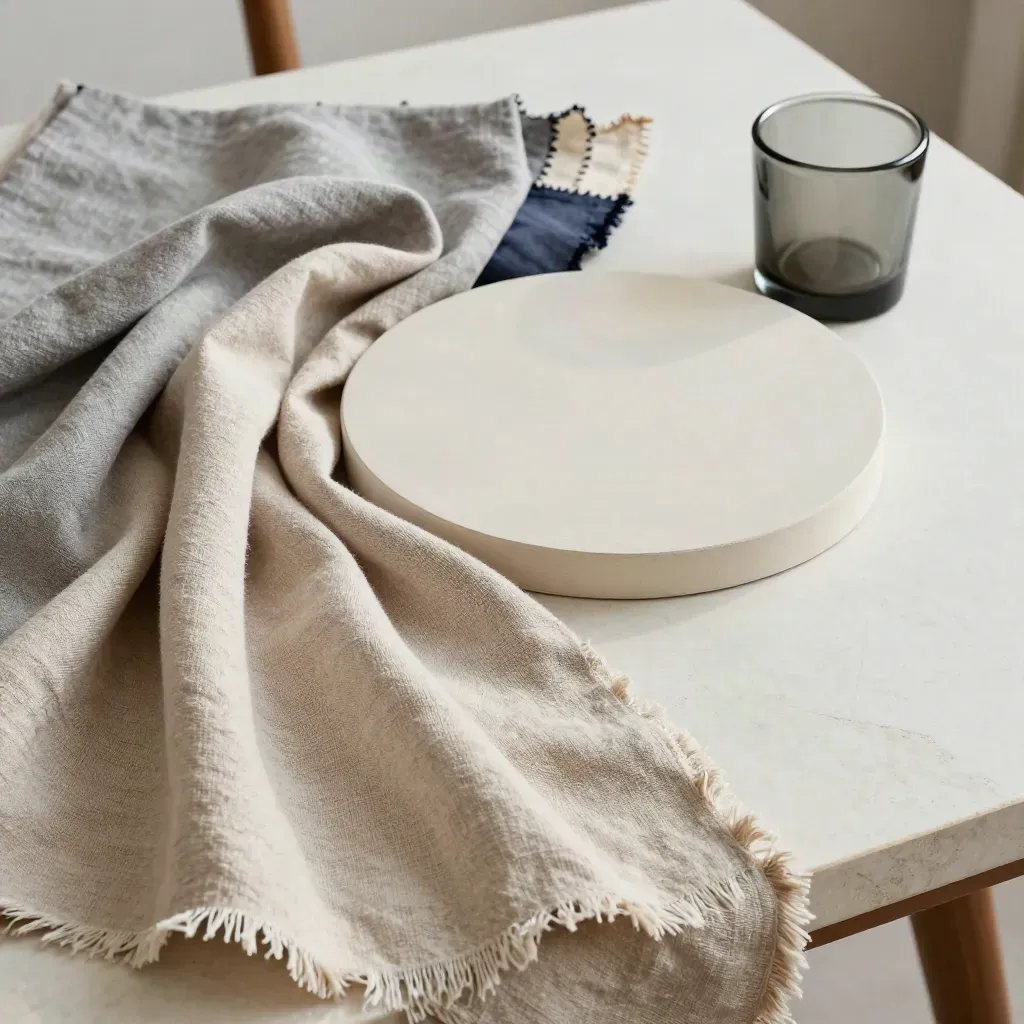 Linen swatches, table-top sample, chair leg cap and votive on plaster in soft daylight.