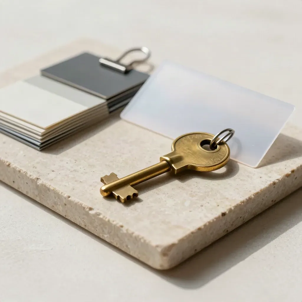 Brass room key and event planning materials arranged on a stone tray