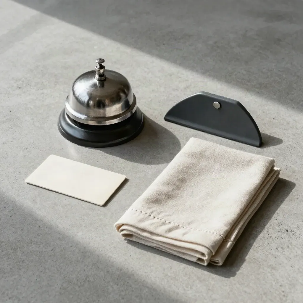 Service bell, door wedge, keycard sleeve and folded napkins on concrete for guest arrival.