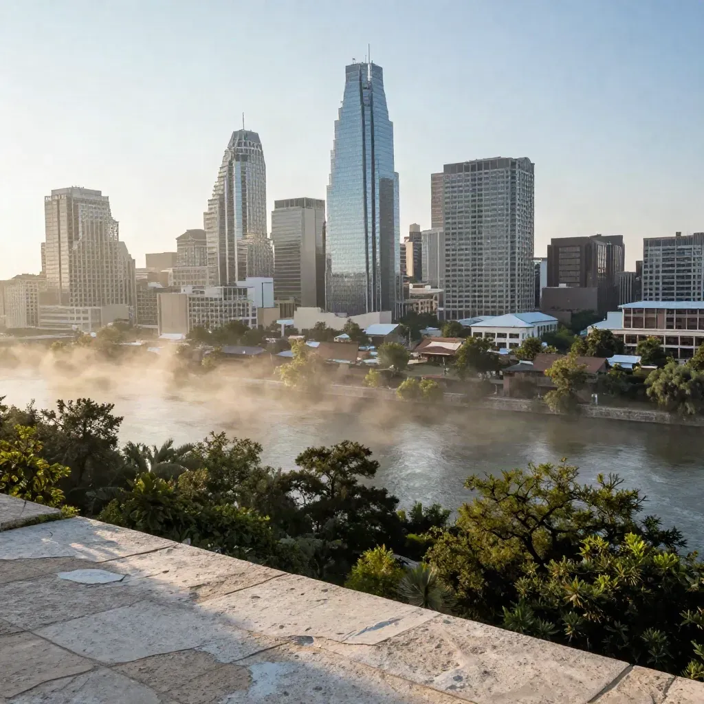 Austin skyline above Clarksville rooftops in morning mist, viewed from a high overlook.