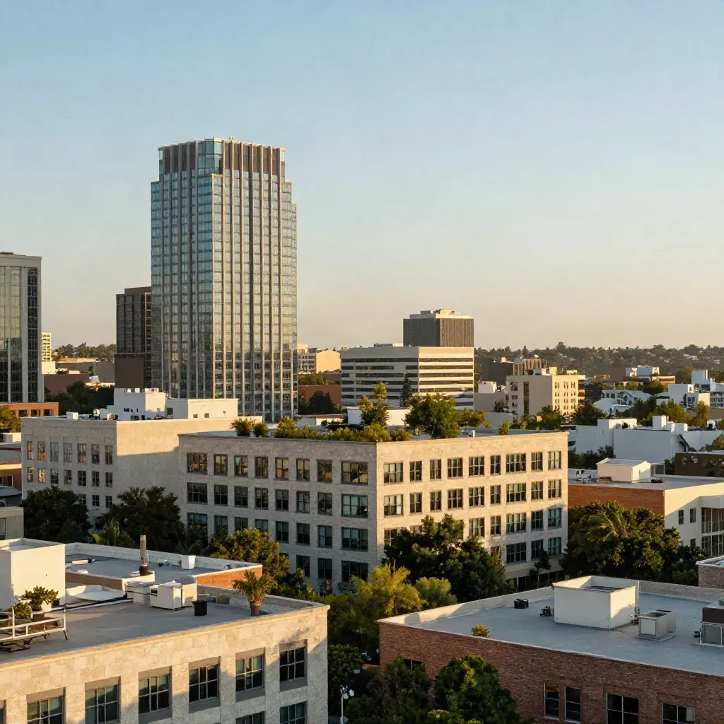 Golden-hour North Austin midrises and rooftops in soft haze and warm light